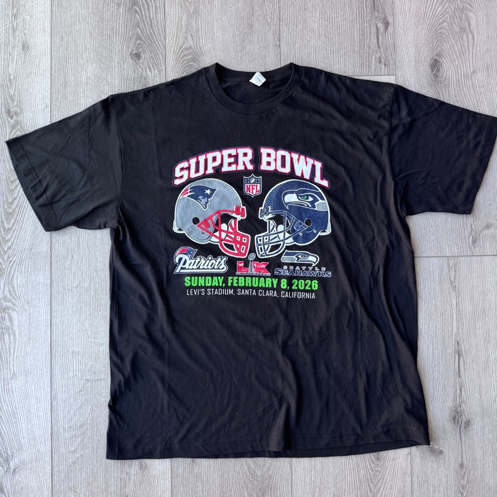 Super Bowl LX 2026 T Shirt Mens XL Black Patriots Seahawks Double Sided NFL Tee